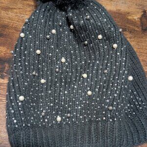 gray beaded puff ball top beanie